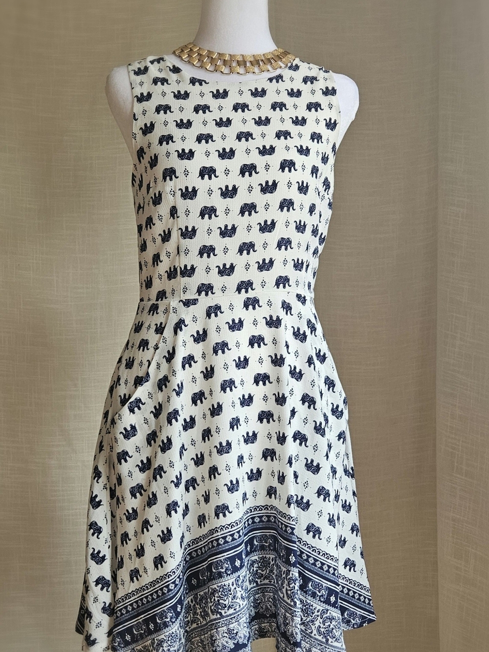L.A. SOUL Elephant Print Sleeveless Sun Dress Blue White Paisley Border Size S - Picture 3 of 16